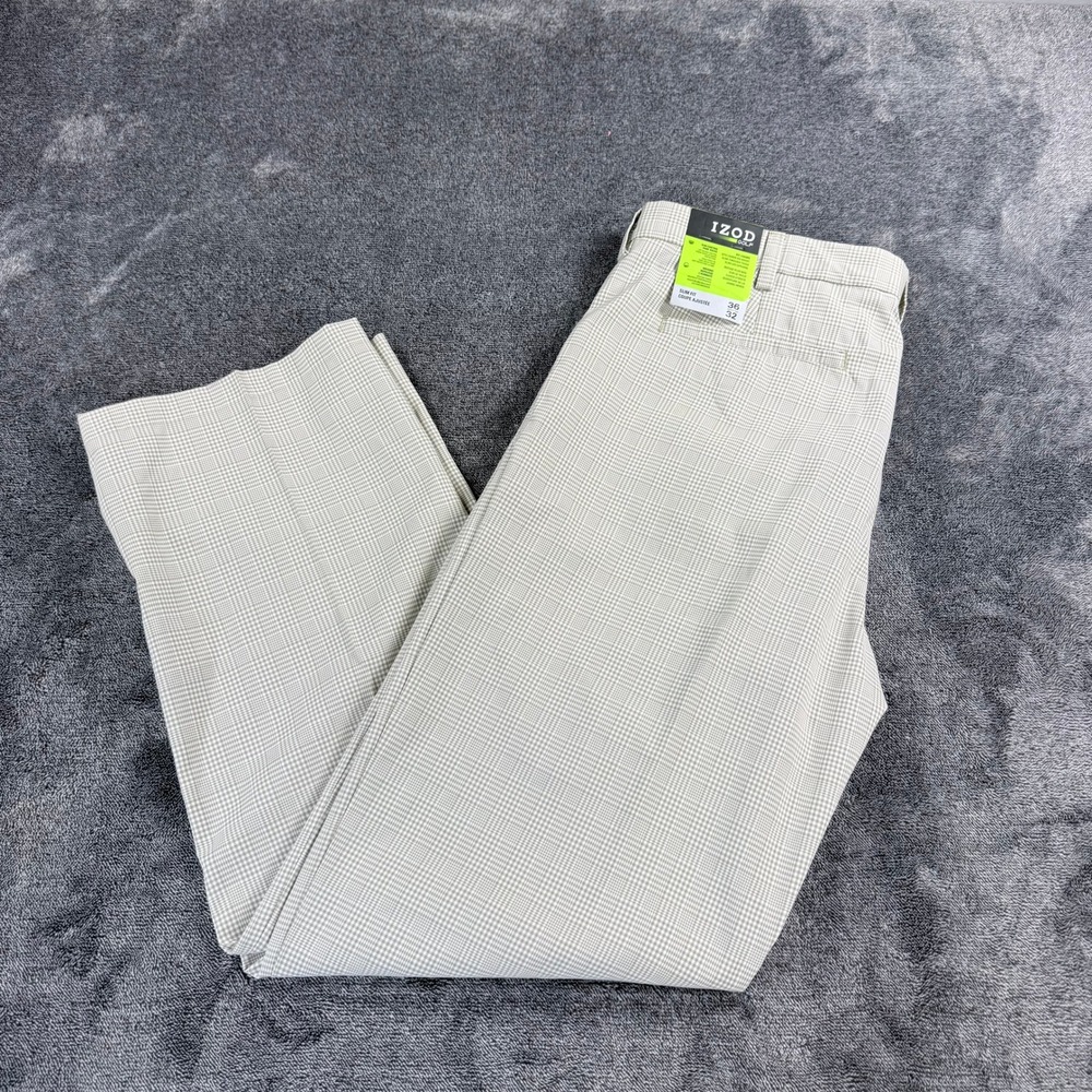 IZOD Golf Pants Mens 36x32 Slim Fit Tan White Micro Check Plaid Performance New